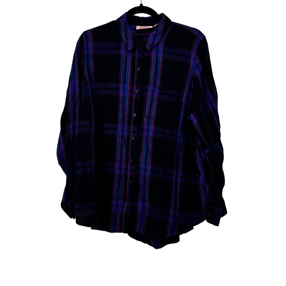 Evri Womens Plus 1X Plaid Shirt Blue Pink Long Sleeve Button Punk